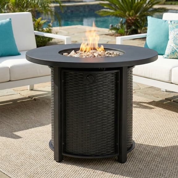 YINGYUE 30 Inch Round Propane Gas Fire Pit Table, 50000 BTU Steel Outdoor Fire Pit for Patio Deck Garden, Black