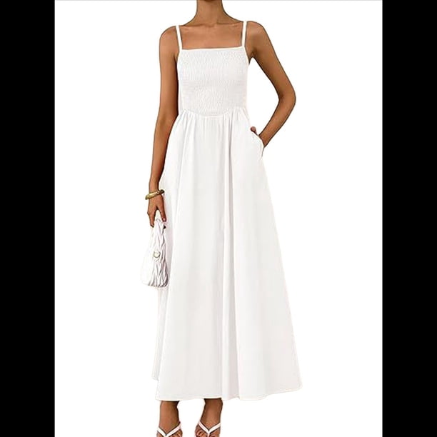 Vestidos Largos de Verano para Mujer, Vestido Informal con Tirantes Finos, Fruncido, Corte A, y Fluido. XXL