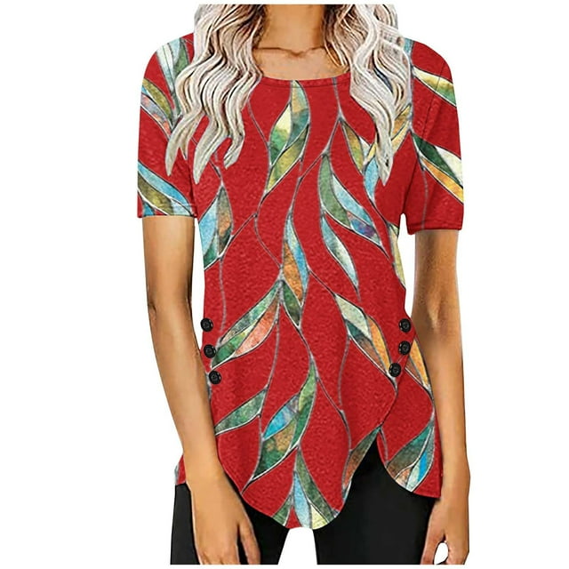 Blusas de Manga Corta para las Mujeres Botón Impreso Cuello Redondo Top Casual, Blusas para las Mujeres Casual