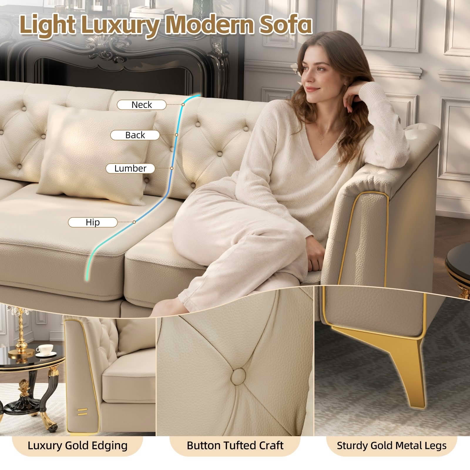 MAYEERTY 40.1" Light Luxury Modular Chesterfield Single Sofa, Faux‑Leather Chair with Button Tufting, Metal Trim Armrest & Thin Metal Legs, 1 Pillow Included
