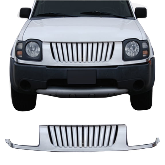 Ikon Motorsports Front Upper Grille, Compatible with 2002-2004 Nissan Xterra, Vertical Style Chrome ABS Plastic Replacement Front Bumper Hood Grill 1PC