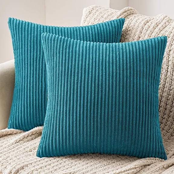 Eryueer Set of 2 Striped Corduroy Square Throw Pillow Case Soft Cushion Cover Sham Home for Sofa Chair Couch/Bedroom Decorative Fluffy Large Pillowcases 20x20 Inch 50x50cm Lake Blue