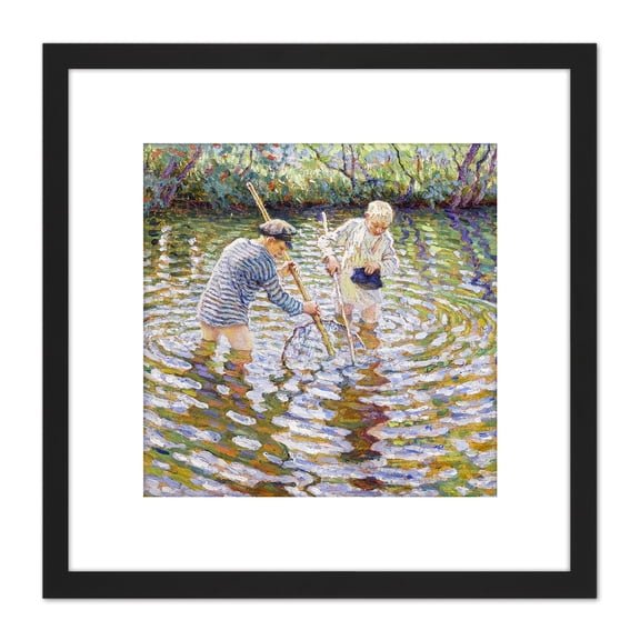 Bogdanov-Belsky Young Boys Fishing Minnows Painting 8X8 Inch Square Wooden Framed Wall Art Print Picture with Mount