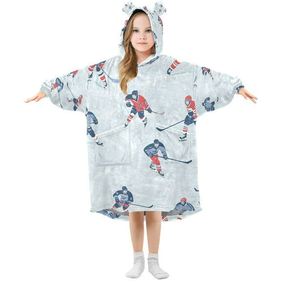 FORMRS Wearable Blanket Hoodie with Sleeves for Kids Cozy Flannel Sweatshirt, Hockey Action Zone