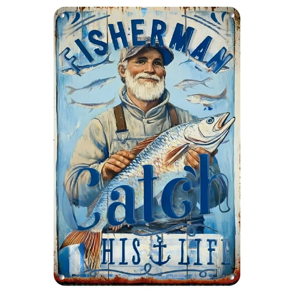 Vintage Tin Painting - "One Fine Fisherman Lives Here" Art Deco Metal Wall Decor, 8x12 Inch, Easy Installation, Indoor & Outdoor Hanging Iron Panel, Rustic Nautical Theme