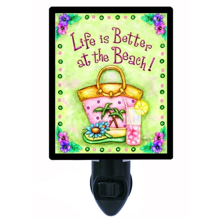

Tropical Decorative Photo Night Light Plus One Extra Free Switchable Insert. 4 Watt Bulb. Image Title: Better at the Beach. Light Comes with Extra Bulb.