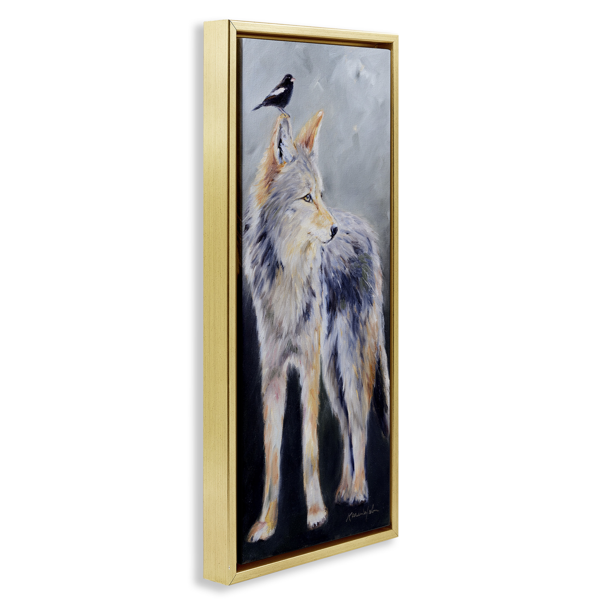 Stupell Industries Wild Coyote & Black Bird Animals & Insects Painting Gold Floater Framed Canvas Art Print Wall Art, 11 x 25