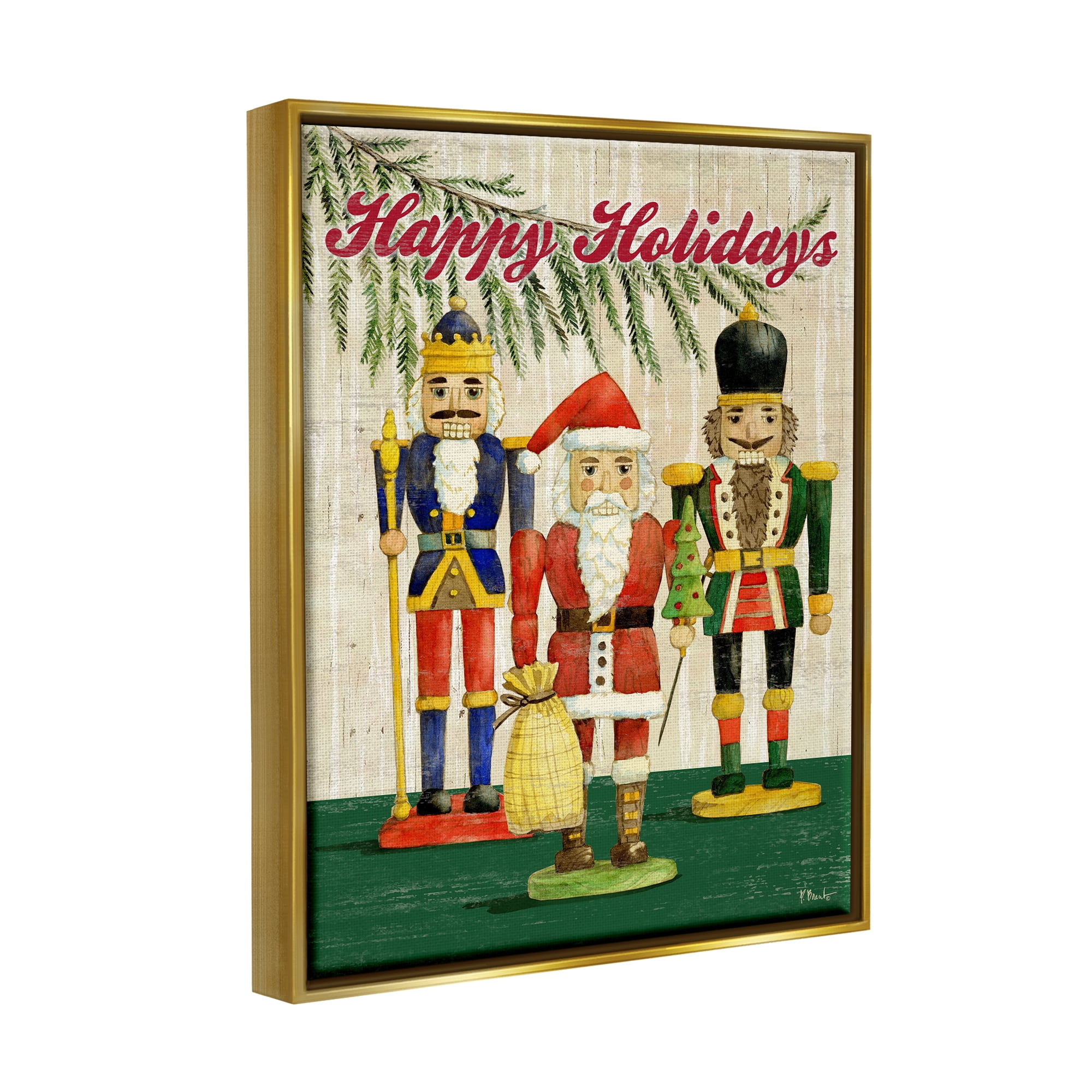 Stupell Industries Happy Holidays Nutcrackers Holiday Painting Gold Floater Framed Art Print Wall Art, 17 x 21