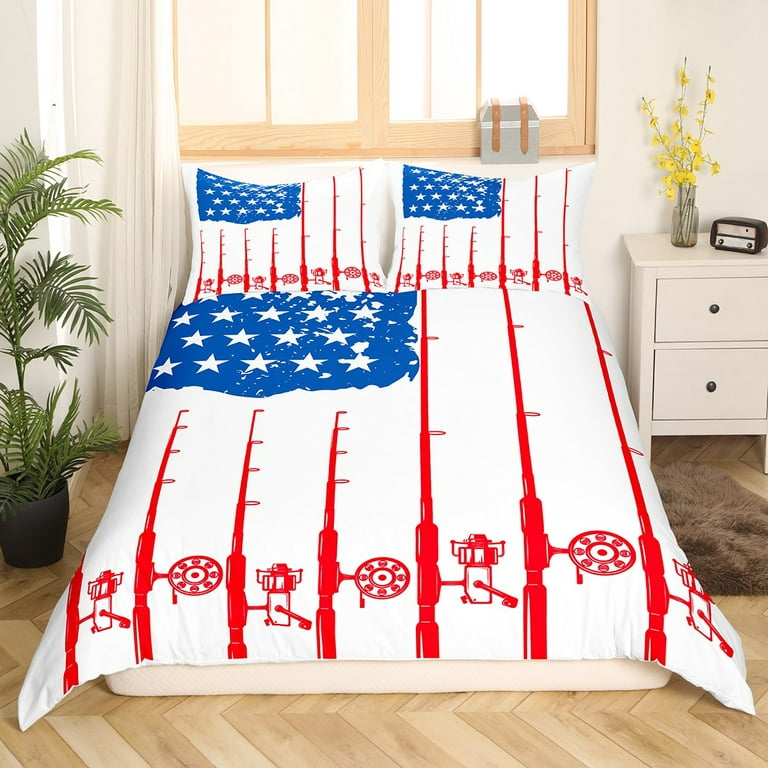 Fishing Pole Duvet Cover American Flag Fishing Bedding Set for Man  Boys,Fish Hook and Line Comforter Cover Fishing Gear Lake Angling Queen Bed  Set,Red