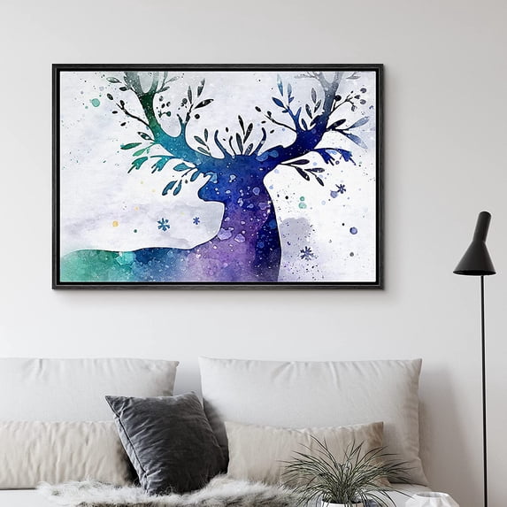 PixonSign Framed Canvas Print Wall Art Elk with Flower Antlers Animals Wilderness Illustrations Modern Art Farmhouse/Country Fun Multicolor Pastel for Living Room, Bedroom, Office - 24"x36" Black