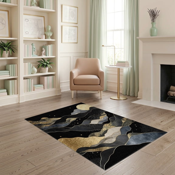 ODIKA 4'x6' Abstract Black Washable Area Rug Non-Slip, Chair-Friendly, Flatwoven for Home Office, Under Desk