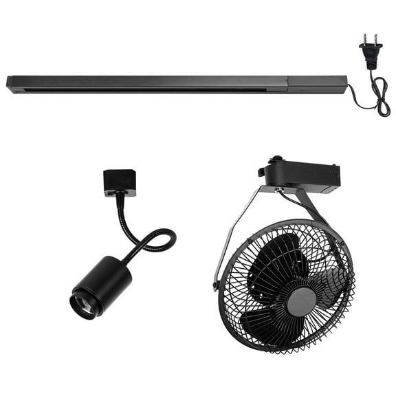 KAYYELAMP Black Ceiling Mini Fan x1, Flexible Hose Dimmable Spot Light x1, Track Rail with 9.8Ft Plug in Cord x1, J-Type Track Mount Adjustable Angle Vintage for Home Plant Shelf