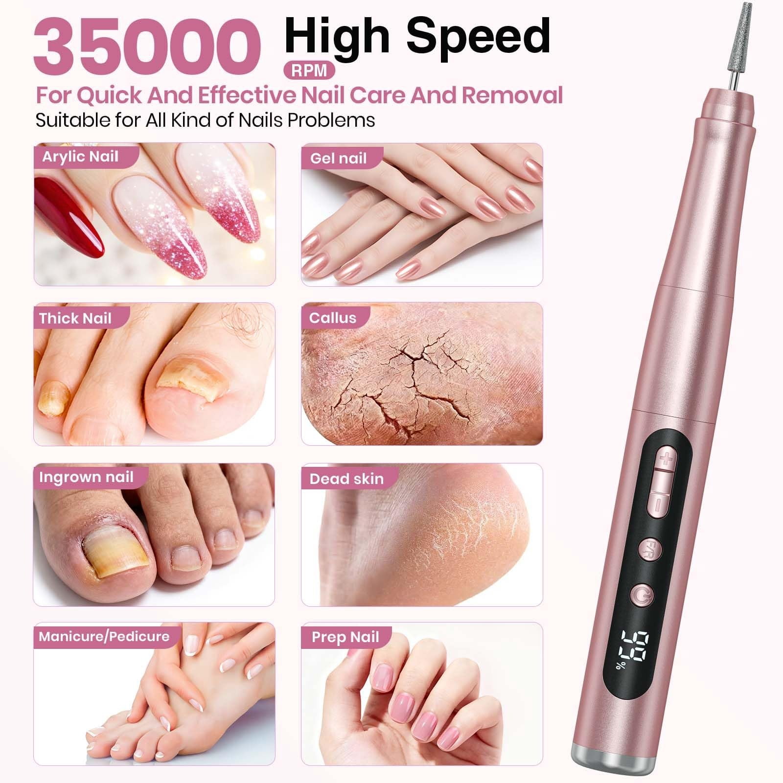Cordless 35000RPM Nail Drill, Rechargeable Electric Nail File with LCD Display, Low Noise Low Vibration Professional Manicure Pedicure Set for Acrylic Gel Nails, Hand and Foot Care