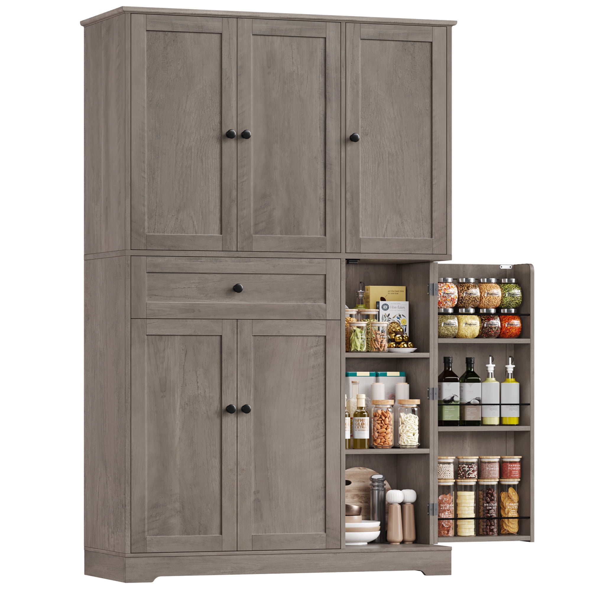 Homfa Kitchen Pantry Storage Cabinet, 68" Food Pantry Cabinet with Drawer and Door Shelf, 6 Door Freestanding Cupboard Buffet for Dining Room, Wash Gray