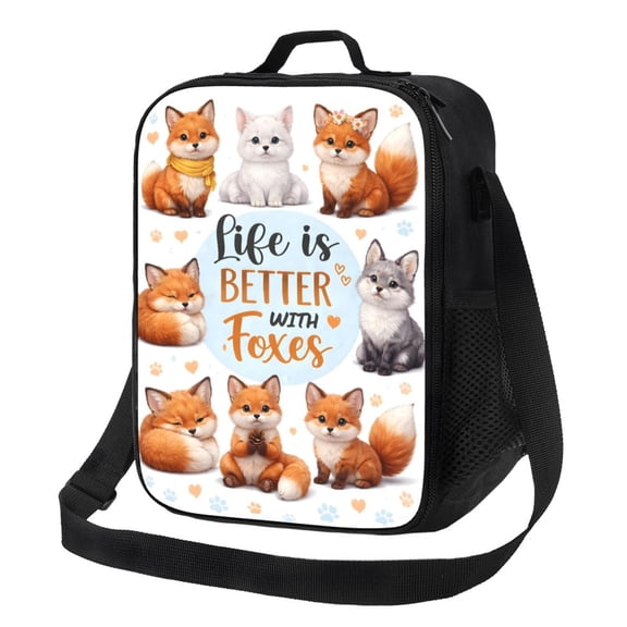 Cute Fox Pattern Lunch Bag Insulated Thermal Box with Shoulder Strap & Handle for Work and Picnic
