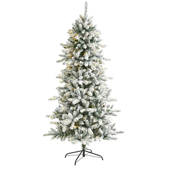 Nearly Natural 6' Flocked Livingston Fir Christmas Tree with 300 Clear Lights - Green