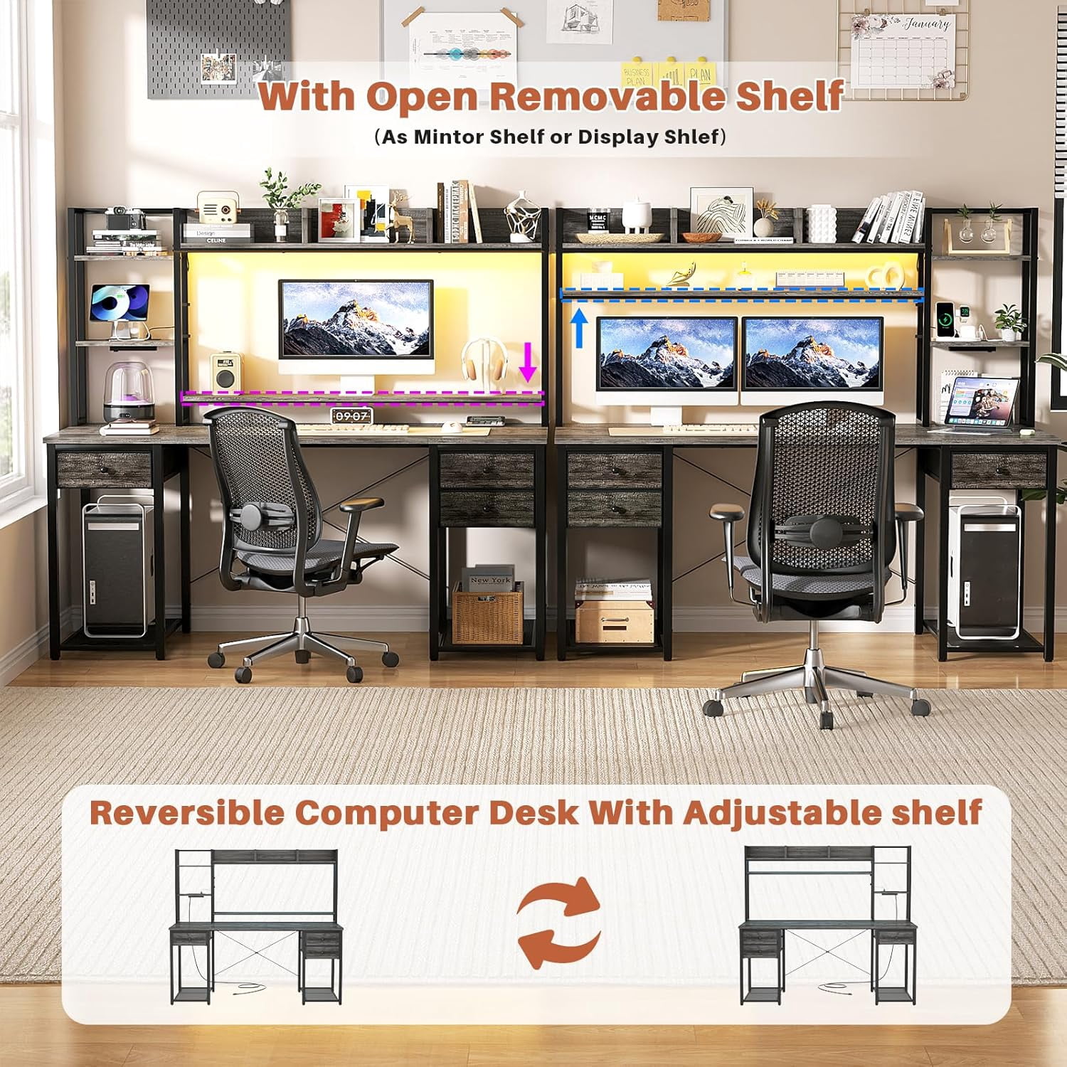 iSunirm Computer Desk with Storage & Hutch, 55.2'' Rectangle Gaming Desk with LED Light, Reversible Office Desk with Power Outlets, Comes with 3 Drawers, Large Workstation Desk for Home, Black Oak