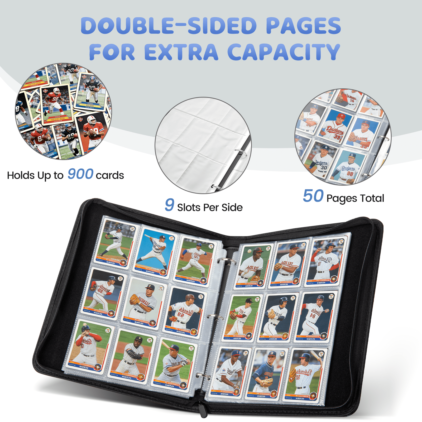 900 Pockets Collectible Trading Card Binder, 50 Double-Sided Pages with 9 Pockets Design, Featuring Zipper Closure and Sturdy Pu Leather Cover for Trading Cards, Tcg, and Game Cards