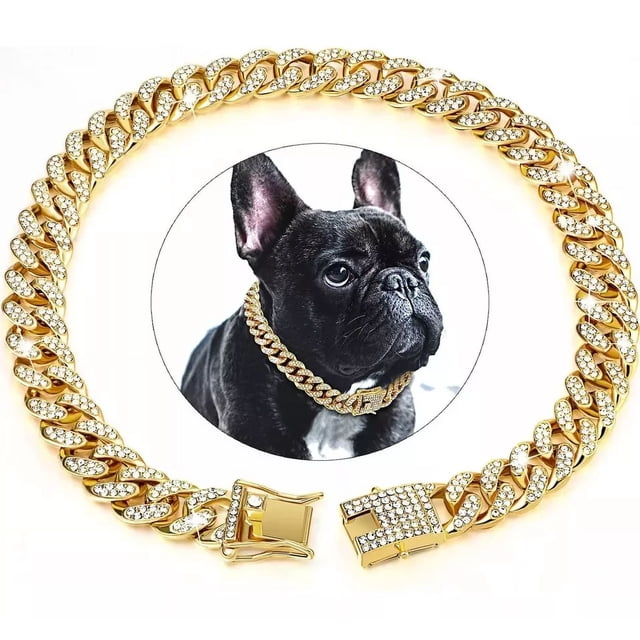 X Collar De Cadena For Perro Con Eslabones Cubanos Dorados,