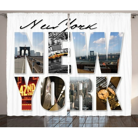 Nyc Decor Curtains 2 Panels Set, New York City Themed Collage Featuring With Different Areas Of The Big Apple Manhattan Scenery, Living Room Bedroom Accessories, By