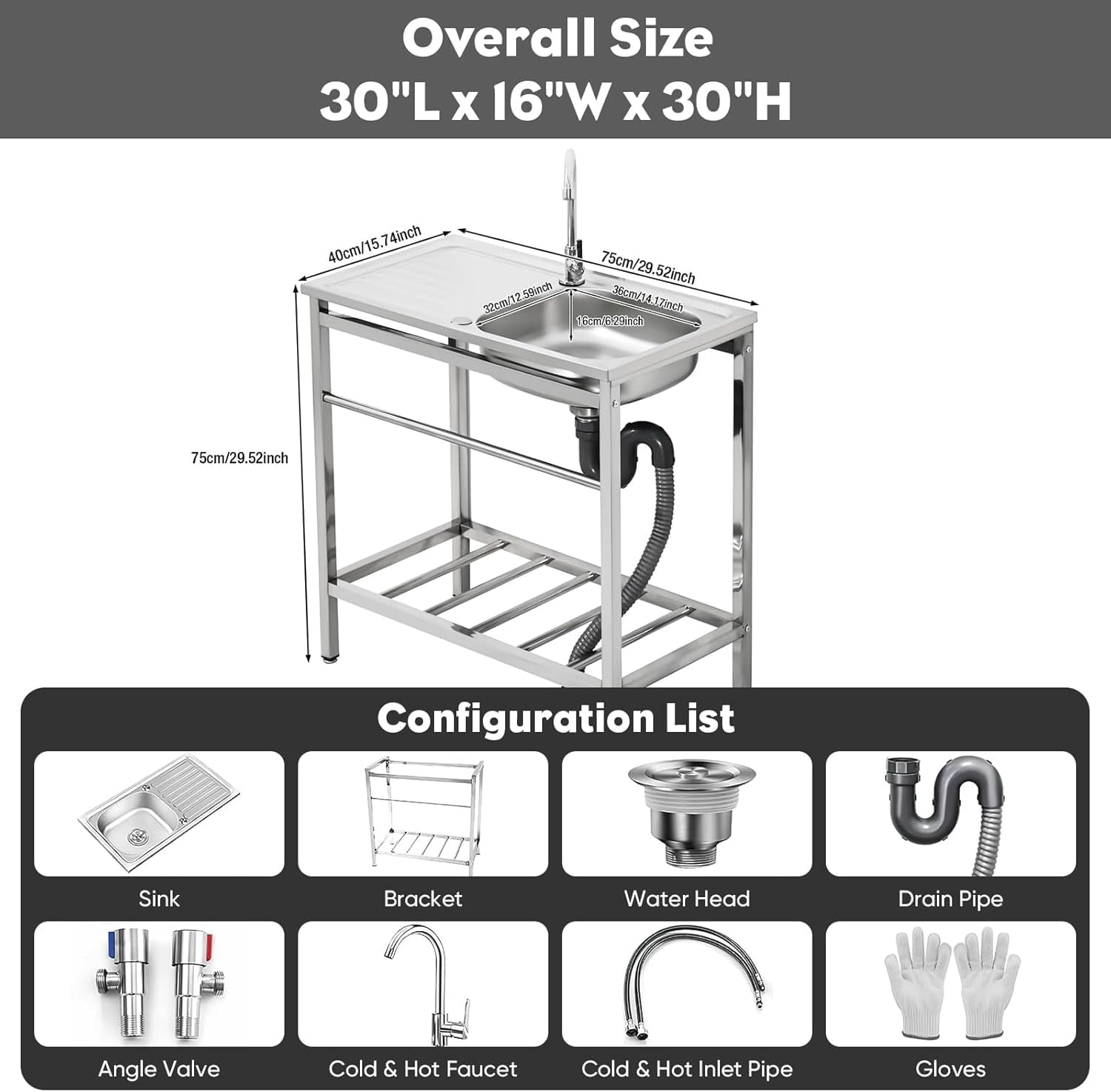 Free Standing Single Bowl Kitchen Sink, Stainless Steel Utility Sink with Cold and Hot Water Pipe for Kitchen, Garage, Backyard