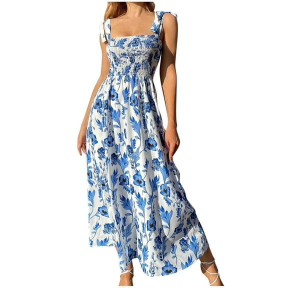 Women's Floral Printed Boho Maxi Dress Square Neck Strapped Swing A Line Sundress Beach Long Outfits
