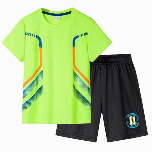Xudanell Teen Boy Summer Outfit 3T-14 Summer Sport T-Shirt Shorts Set Print Clothing Sets Tracksuit (Light Green, 5-6 Years)
