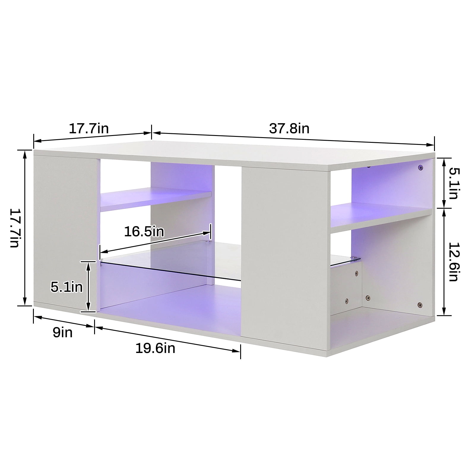 Hommpa White Coffee Table LED Coffee Table with Storage Modern Living Room Table Glass Open Shelves Rectangle Cocktail Center Tables High Gloss