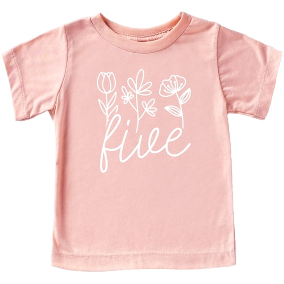 Five Floral 5th Birthday Shirt for Toddler Girls Fifth Birthday Outfit White on Peach Shirt Youth Small