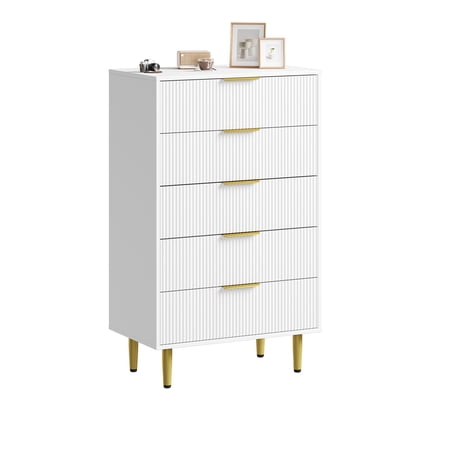 5-Drawer Modern Dresser with Fluted Panels – White Wood Grain Cabinet with Gold Metal Legs 48 Tall Storage Chest for Bedroom Living Room & Entryway