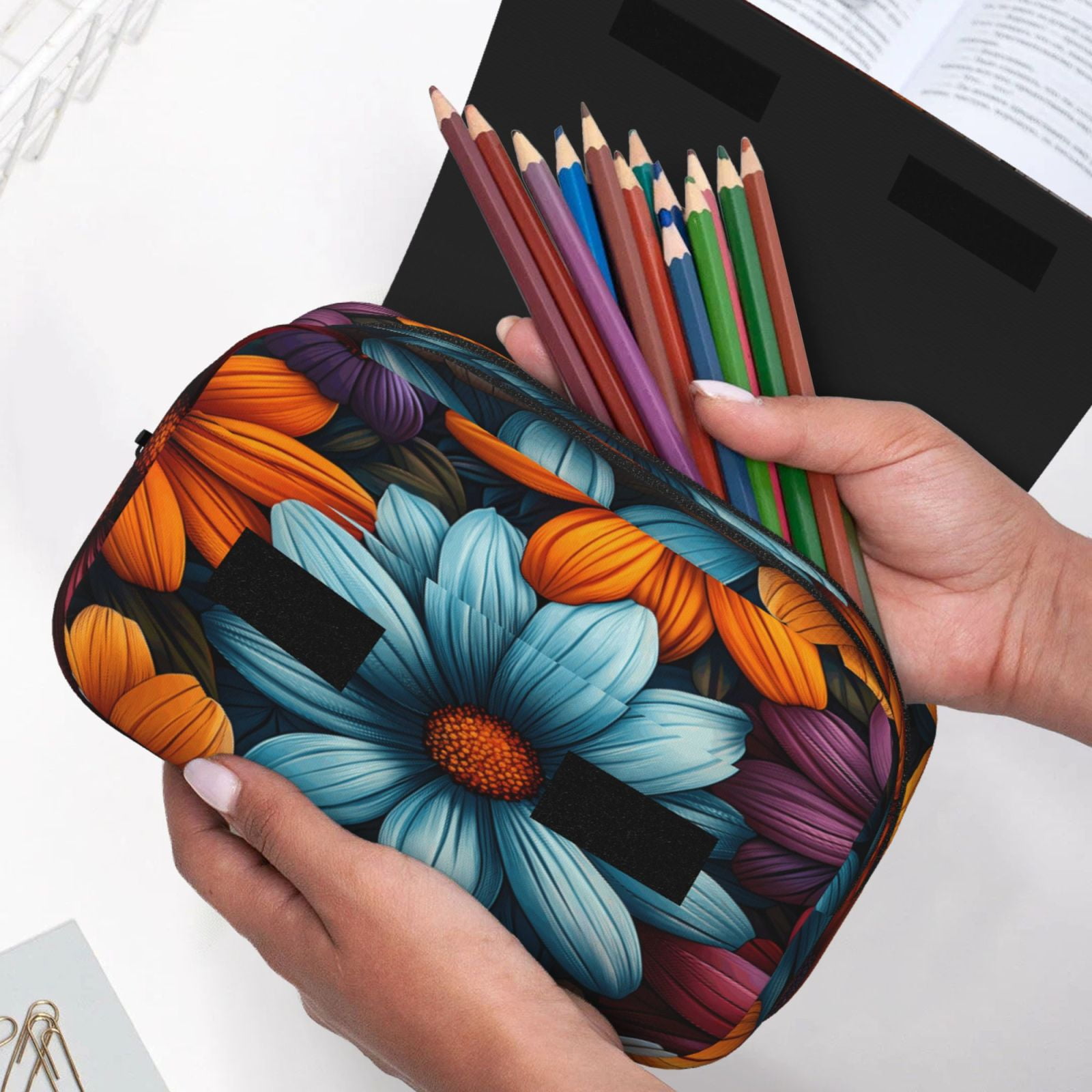 Rateoe Colorful Blooming Flowers Pattern Double Clamshell Pen Case, Storage Organizer with Two Zipper Compartments– Holds Up to 50 Pencils & Pens