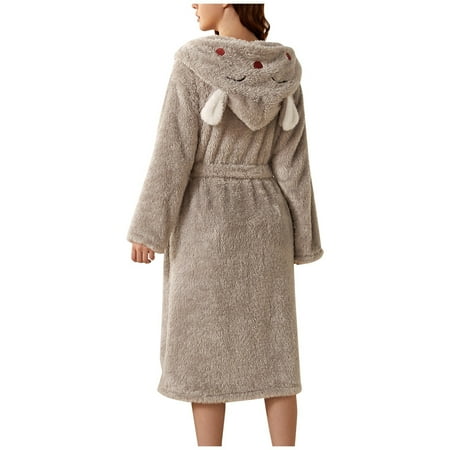 GHSOHS Robes for Women Night Lingerie Dress Button Up Dress for Women Double Pocket 3d Ear Hooded Flannel Bathrobe Soft Warm Velvet Bathrobe Pajamas Home Wear Sleepwear Sleepshirt Robe Nightgown