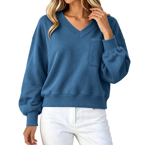 Vixolx Cropped Sweatshirt for Women Trendy V Neck Pullover Tops with Pocket Fall Casual Long Sleeve Shirts Workout Outfts