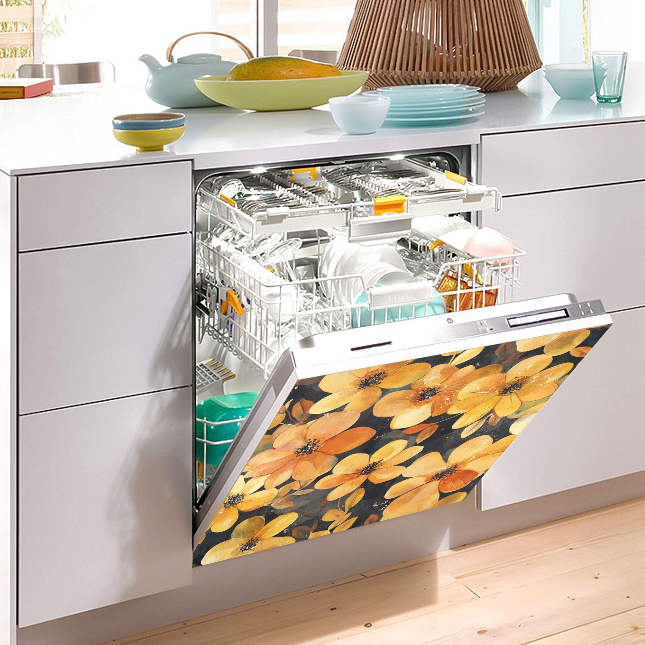 Dishwasher Magnetic Sticker 23x26 Inch Refrigerator Magnetic Sticker Washing Machine Magnetic Sticker Kitchen Panel Magnetic Sticker Home Decor Cartoon Gold Flowers
