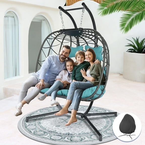 RADIATA Double Swing Egg Chair Loveseat with Stand for 2 Person Outdoor Indoor Patio Bedroom Gray Rattan Woven Turquoise Olefin Cushion Extra Large Size 700 lbs Capacity with Cover