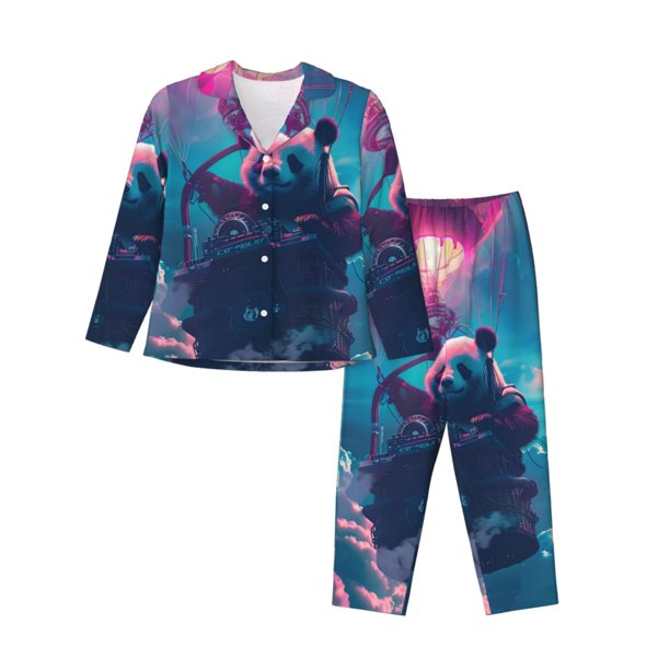 Fotbe DJ Panda Hot Air Balloon Conjunto de Pijama de Manga Larga para Mujer con Estampado, Ropa de Dormir de 2 Piezas, Conjunto de Casa Suave y Cómodo con Bolsillos-X-Large
