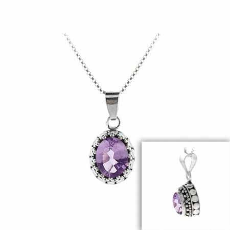 - Sterling Silver Genuine Amethyst Stone Bali Beaded Oval Pendant