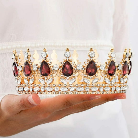 Baroque Queen Crown and Tiaras Bride Red Sparkly Rhinestone Wedding Crown Gold Tiaras Birthday Prom Hair Accessories for Women and Girls