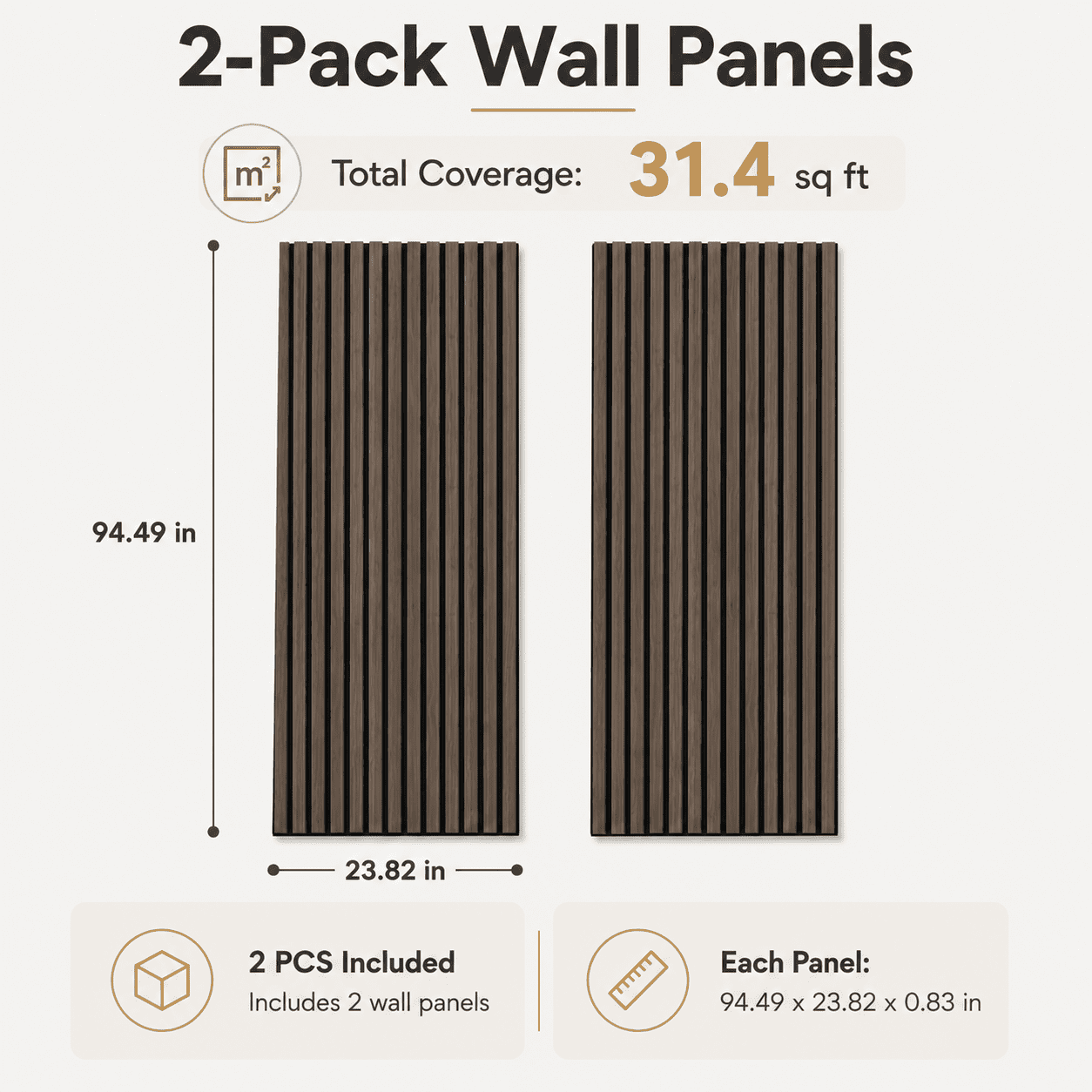 2-Pack Wood Slat Acoustic Wall Panels, 24" x 94.3" MDF Slat Wall Paneling for Modern Interior Wall Decor, Sound Absorbing Accent Panels, 31.4 Sq. Ft,American Walnut