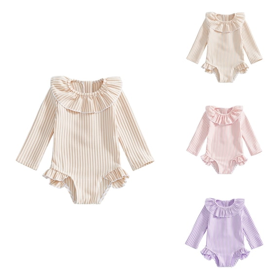 Girls Long Sleeve Rash Guard Swimsuit UPF 50 Sun Protection, Striped Ruffle One Piece Zipper Bathing Suit for Toddler Baby Beach Pool Swimwear