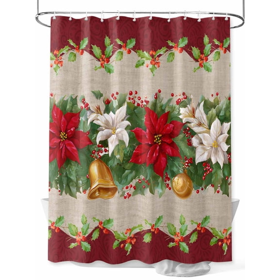 Christmas Poinsettia Shower Curtain Set ，Waterproof Fabric Shower Curtains Winter Bells Green Leaf Retro Linen Shower Curtains for Bathroom,Bathroom Decor 72"x78"