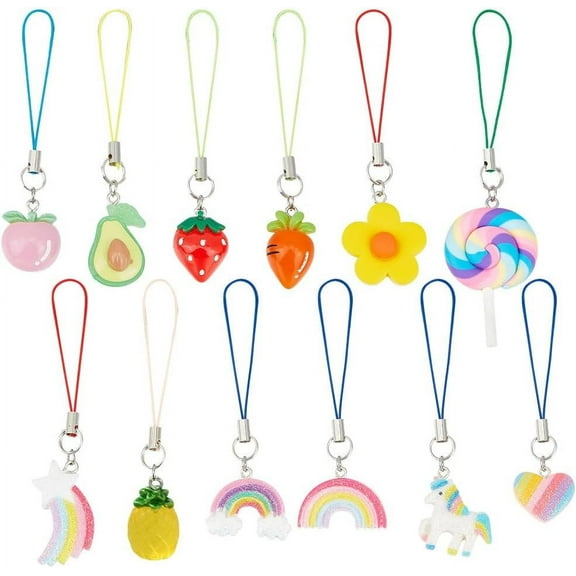 12 Pcs Fruit Theme Phone Charm Colorful Cartoon Theme Phone Charms with Rainbow Heart Pendant Polyester Phone Charms for Phone Bag Keychain Accessories Decor
