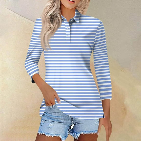 Fznquz Long Sleeve Tops for Women Blue Collared Shirt Striped Fall Button Casual Womens Oversized Tee Shirts