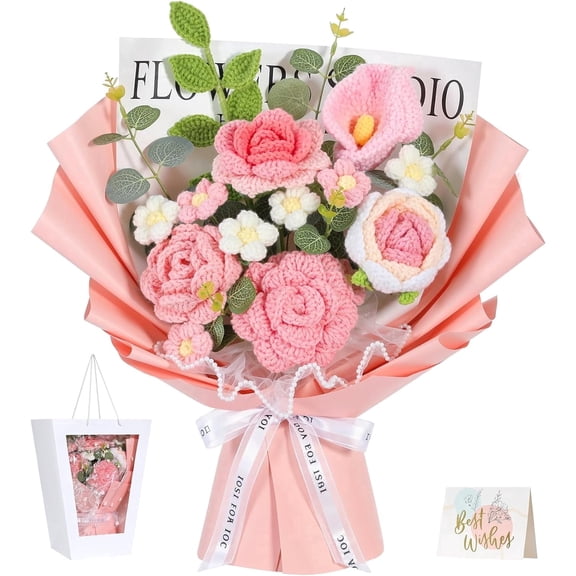 Lewondr Crochet Flower Bouquet, Pink Handmade Knitted Flowers, Crochet Rose Calla Flower for Valentines Day Anniversary Birthday Mother's Day Graduation Gifts, Includes Gift Bag and Greeting Card