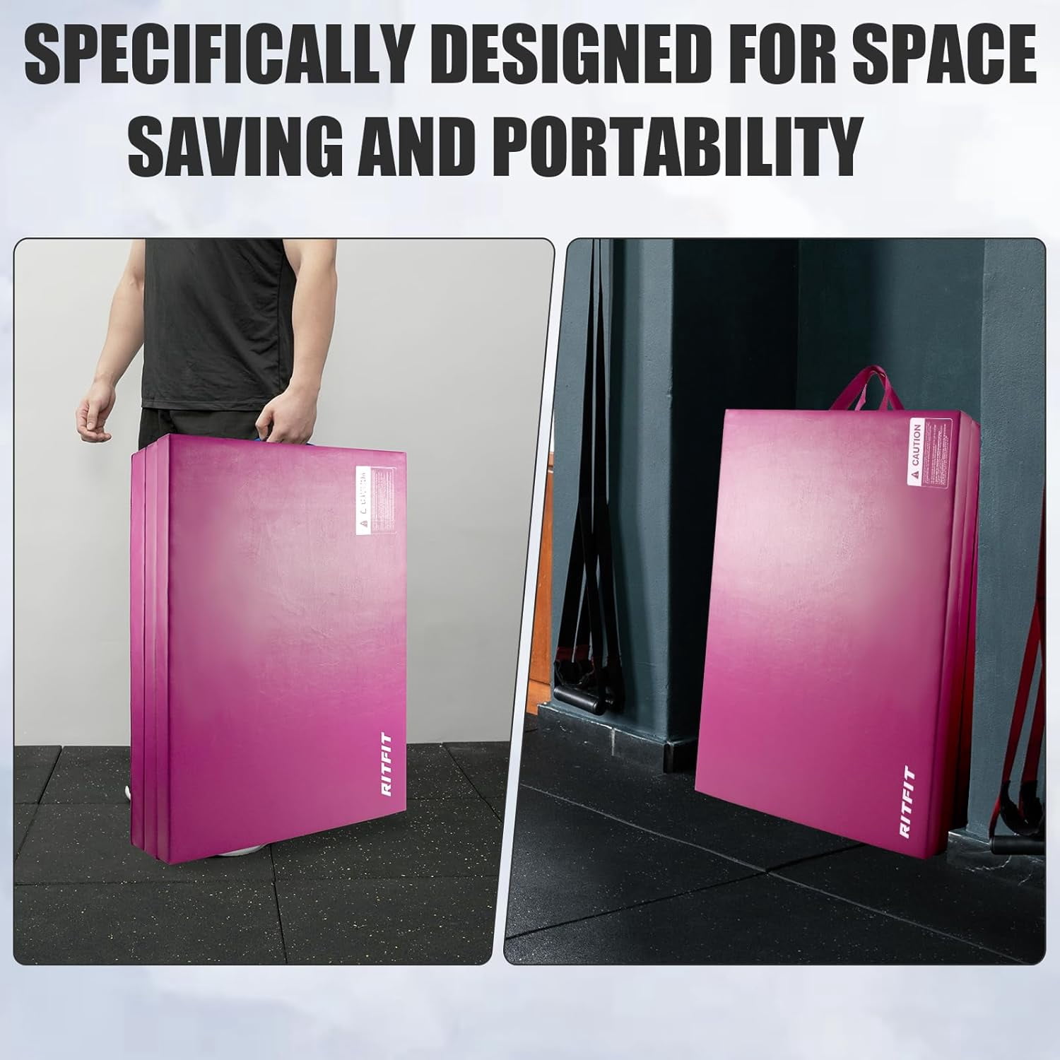 RitFit 3' x 6' Folding Gymnastics Mat with Carrying Handles for Yoga, Stretching, Core Workouts(Pink)