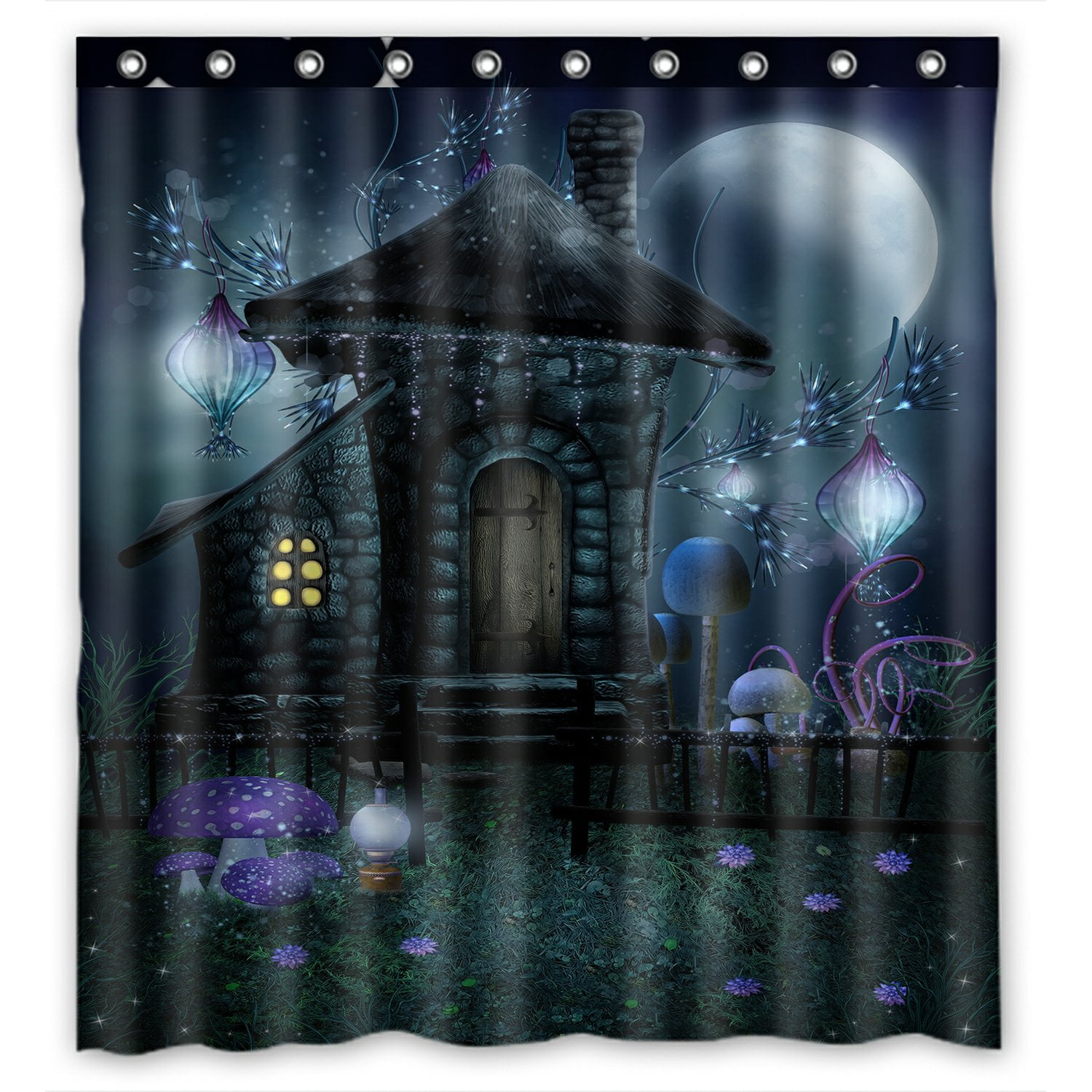 PHFZK Moon Shower Curtain, Night Scenery with a Fairy Cottage and