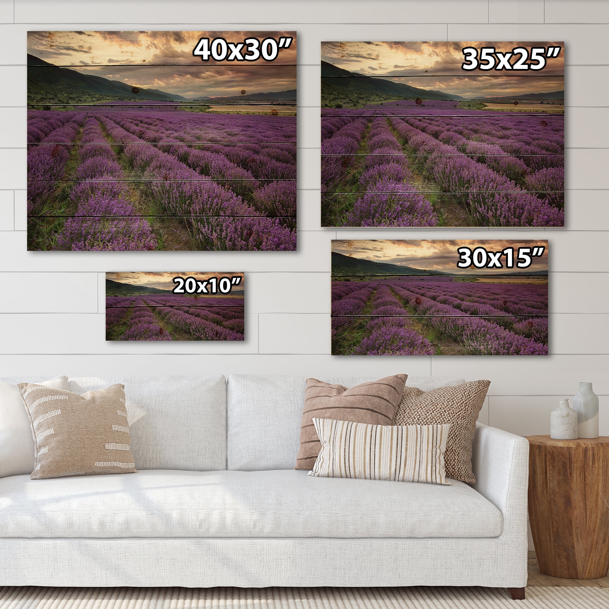 Designart 'Lavender Field At Sunrise I' Farmhouse Print on Natural Pine Wood