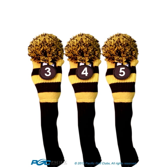 Majek #3, #4, & #5 Hybrid Combo Pack Rescue Utility Black & Yellow Golf Headcover Knit Pom Pom Retro Classic Vintage Head Cover