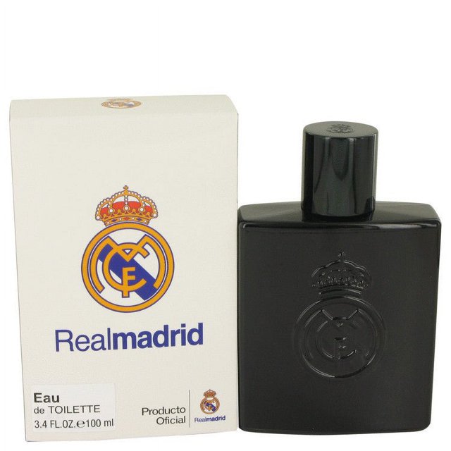 real madrid black eau de toilette spray por air val international Frasco negro rectangular de 100 ml con tapón cilíndrico y escudo Real Madrid en relieve junto a caja blanca con logo y la leyenda "Eau de TOILETTE 3.4 FL.OZ. e100 ml" sobre fondo claro. Su tamaño compacto lo hace adecuado para llevar en neceser de viaje.