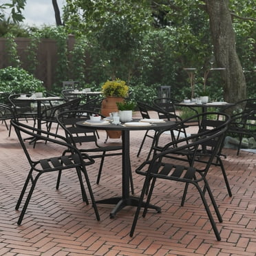 BizChair 31.5'' Black Round Aluminum Indoor-Outdoor Table Set with 4 Black Slat Back Chairs
